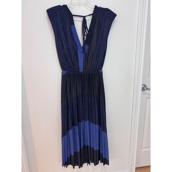 Striped Pleated Midi Dress With Tie Back Detail Black & Blue Size M - Picture 4 of 10